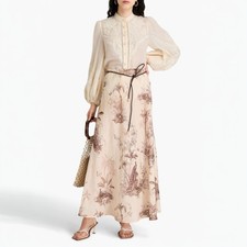 Zimmermann Waverly Bias Midi Skirt Size 0 AU 8 / US 4 Beige Palm Belted NWT