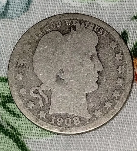 1908 Barber Quarter 90% Silver About Good AG