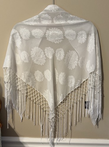 Kaila 100% Polyester Shawl Scarf Fringe and Silver Beads V-Shape Floral Design