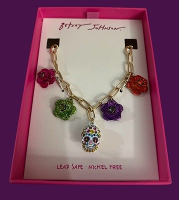 Betsey Johnson Necklace Sugar Skull Floral Crystal NWT