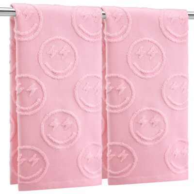 2 Pcs Smiling Face Hand Towels for Bathroom Pink Preppy Hand Towels 100% Cott...