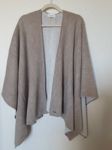 Calvin Klein Cape Wrap Shawl Beige Oatmeal One Size CK Logo Open Poncho Acrylic - Picture 13 of 24