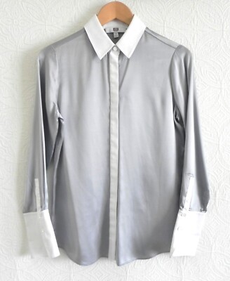 E3 by Etcetera Button Up Tunic Silk Satin Long/French Cuff Gray/White Size 2