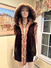 New 28" Black Sheared Sheared Mink & Russian Sable Real Fur Vest Size 14/16 Hood