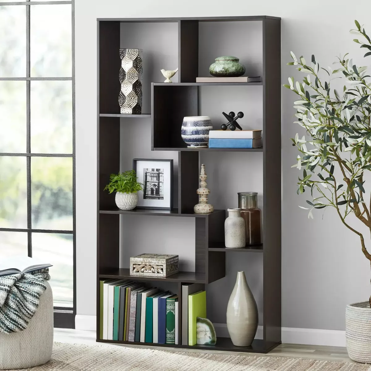 Tall bookcase cubby large open bookshelf modern cube 8 shelf display brown new deals