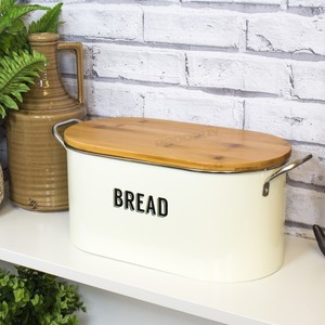 Cream Enamel Bread Bin Storage Crock Container Bamboo Wooden Cutting Image Is Loading Cream Enamel Bread Bin Storage Crock Container Bamboo