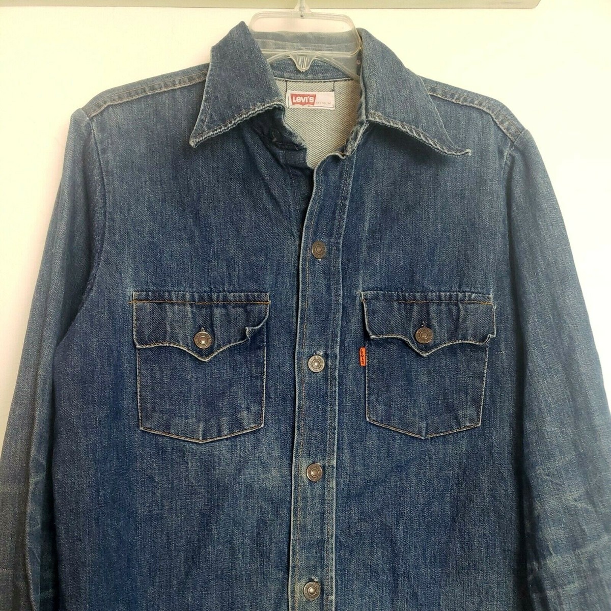 VTG 70s Levi's Denim Jean Shirt ORANGE TAB Blue Work Western