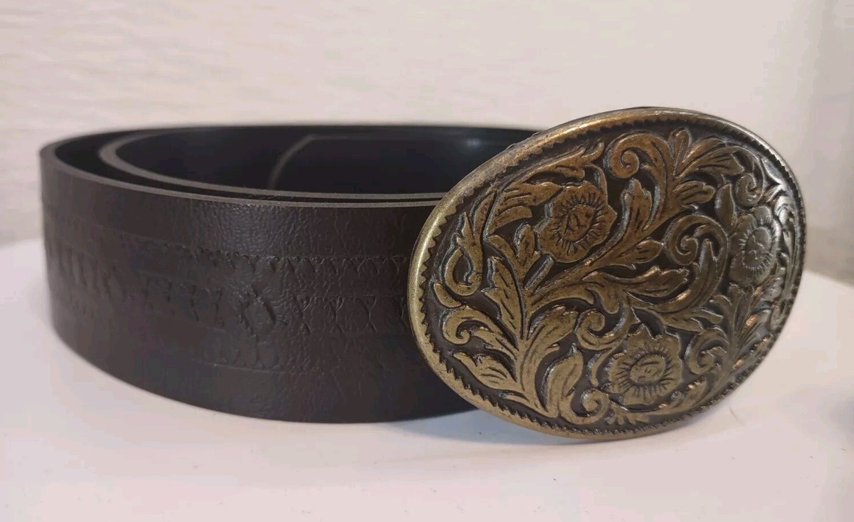 Womens Burgundy Italian Leather Belt & Bronze Tone Buckle  display picture 2