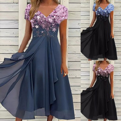 Chiffon Φ Midi-A-Linien-Kleid Kurzärmelig Damen-Kleid Blumenmuster Mit A-Lin a