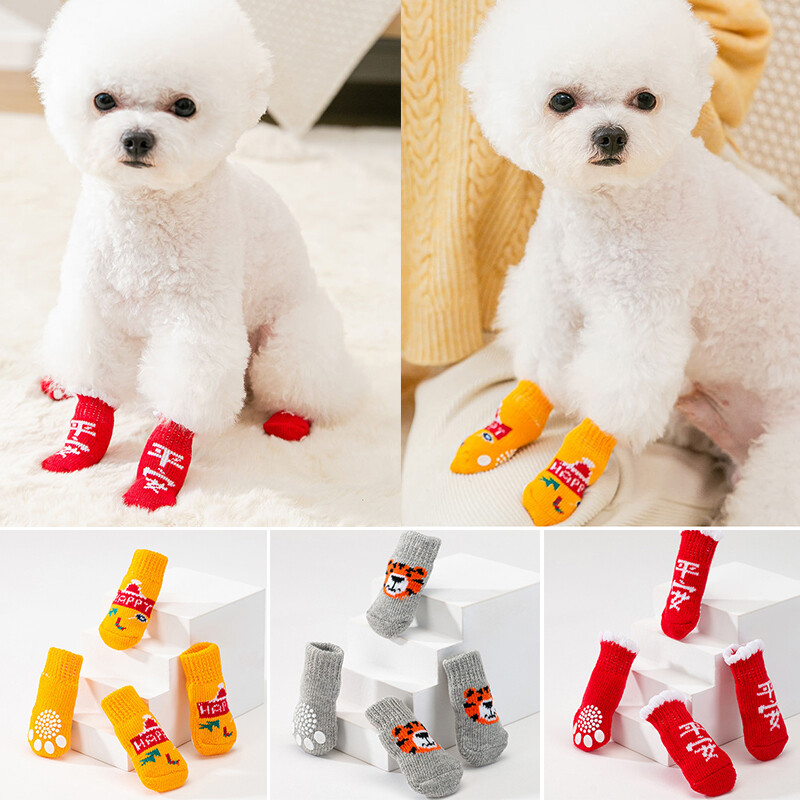 Pet Knitting Socks Printed Dog Socks Nonslip Cat Shoes Warm Elastic