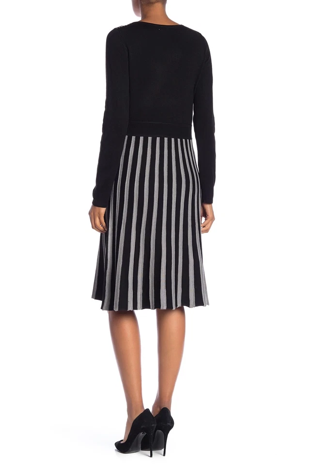 Vestido listrado Spense 164863 feminino fit & flare manga longa cinza/preto tamanho. GG - Imagem 3 de 3