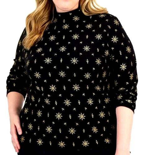 Karen Scott Snowflake Mock Neck Top, Black & Gold Sz 3X