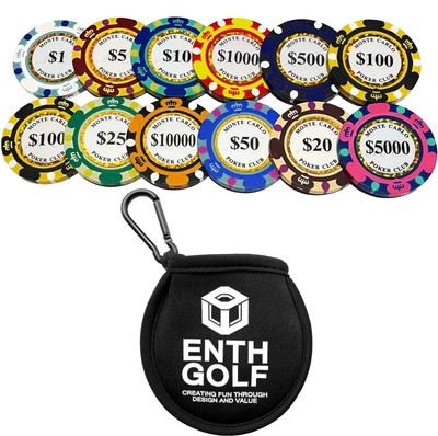 Enth Golf Marker 13 Piece Set, Casino Chip Design, Ball Pouch, Carabiner _