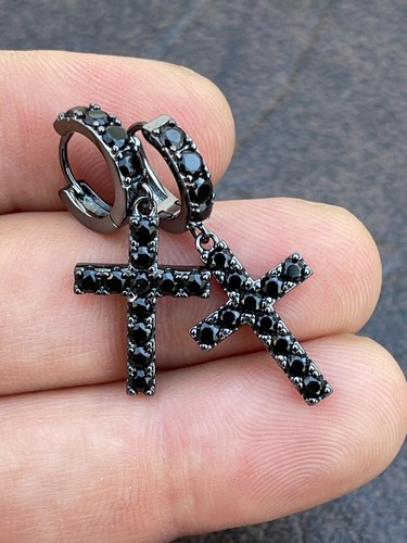 Real Solid 925 Silver Men Ladies Dangle Cross Hoop Aretes Iced Black CZ - Imagen 4 de 14