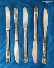 Set Of 5 Interpur Florenz Dinner Knives Stainless 8 Petal Flws Black Accent