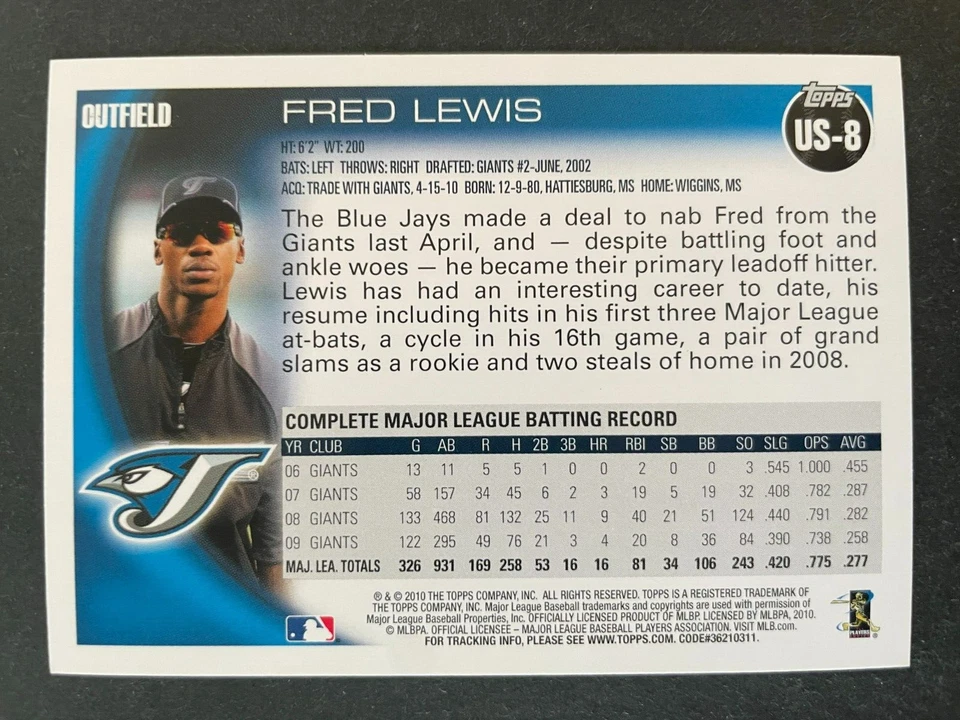 Fred LEWIS 2010 Topps Update Series Baseball #US-8 Toronto Blue Jays - Image 2 of 2