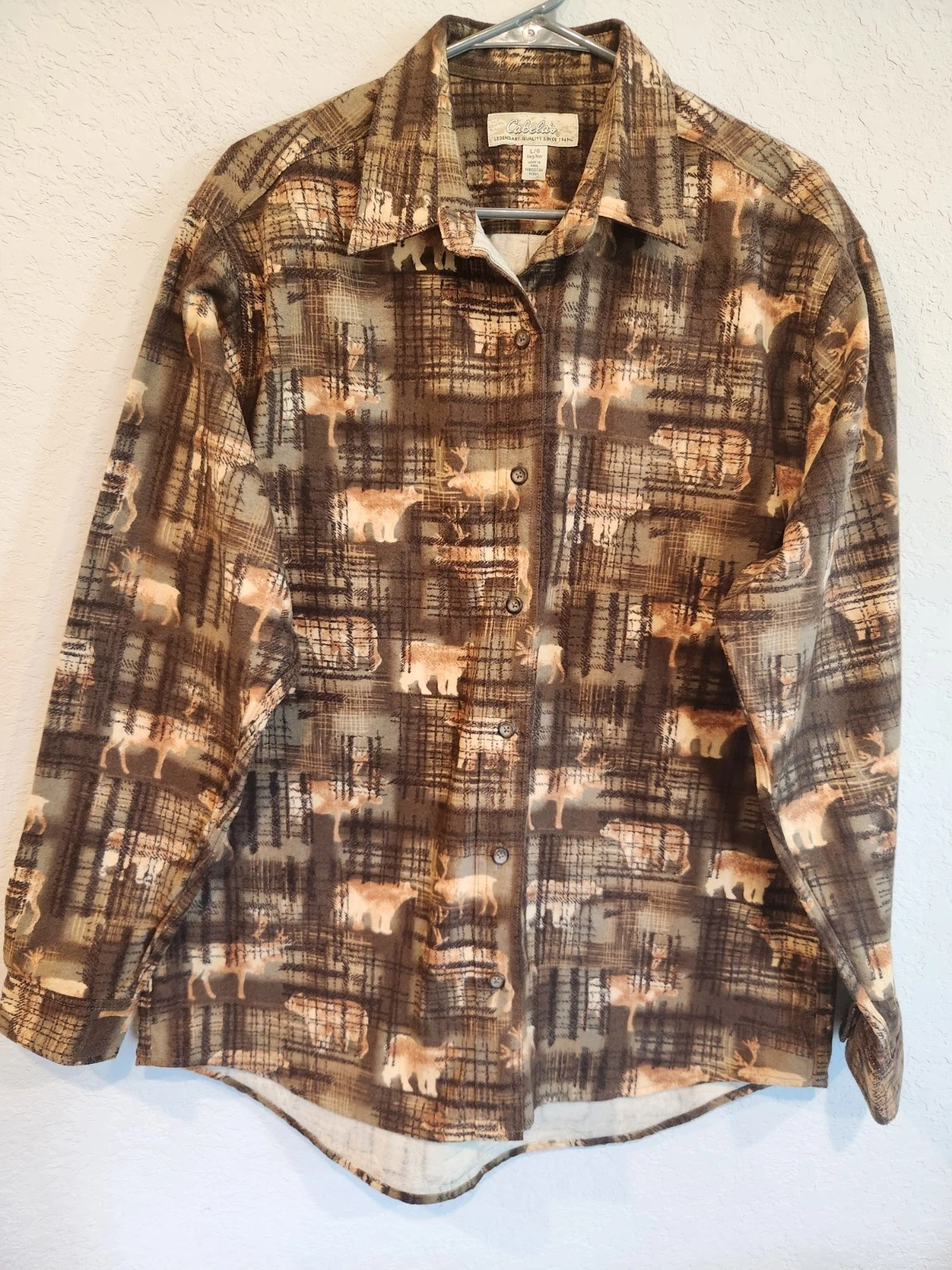 Cabela’s Men’s L Flannel Shirt Brown Moose Bear Plaid Outdoor Hunting Cabin...