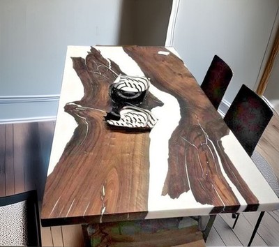 Live Edge Walnut & White Epoxy River Dining Table | Modern Luxury Resin Table