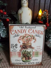 SWEET SHABBY VINTAGE PRIMITIVE STYLE CHRISTMAS 5 CENT CANDY CANES BALL JAR SIGN
