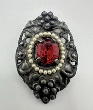 VTG Antique Dress Shoe Clip Brooch Red Glass Seed Estate Sale Black Metal Read