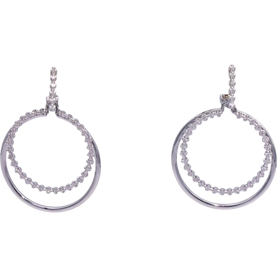 14k White Gold 0.45CT Diamond Double Circle Dangle Hoop Earrings