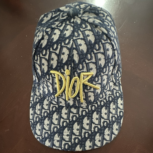 Dior Men's Monogram Baseball Cap Blue/Beige Gold Logo Adjustable One Size