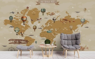 3D Hot Air Balloon World Map Wall Murals Wallpaper Murals Wall Sticker