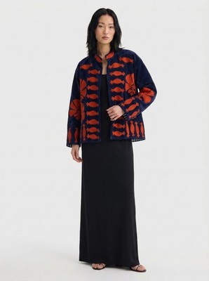 Handmade Embroidered Boho Jacket Navy Blue Orange Cotton Artisan Coat Women