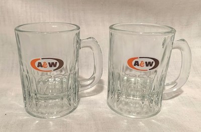 2 A&W Root Beer Glass Mugs Baby 3 1/4'' High Soda Pop Restaurant Advertising