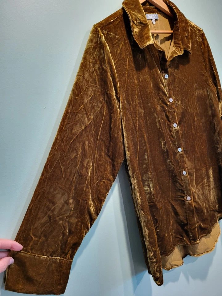 Camisa Habitat Terciopelo Aplastado Manga Larga Abotonada Marrón Dorado Talla L Foto 3 de 4