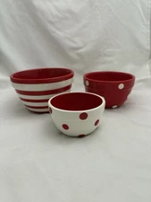 3 Terramoto Ceramic Red White Nesting Snack Serving Bowls Stripes Polka Dots