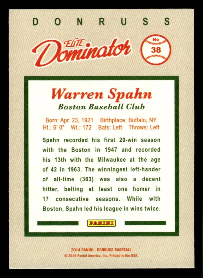 2014 PANINI HALL OF FAME 75TH YEARELITE DOMINATOR WARREN SPAHN 38 MINT BRAVES - Image 2 of 2
