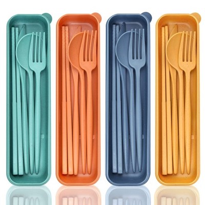 DISSKNIC Reusable Travel Utensils with Case, 4 Sets Wheat Straw Portable Cutlery