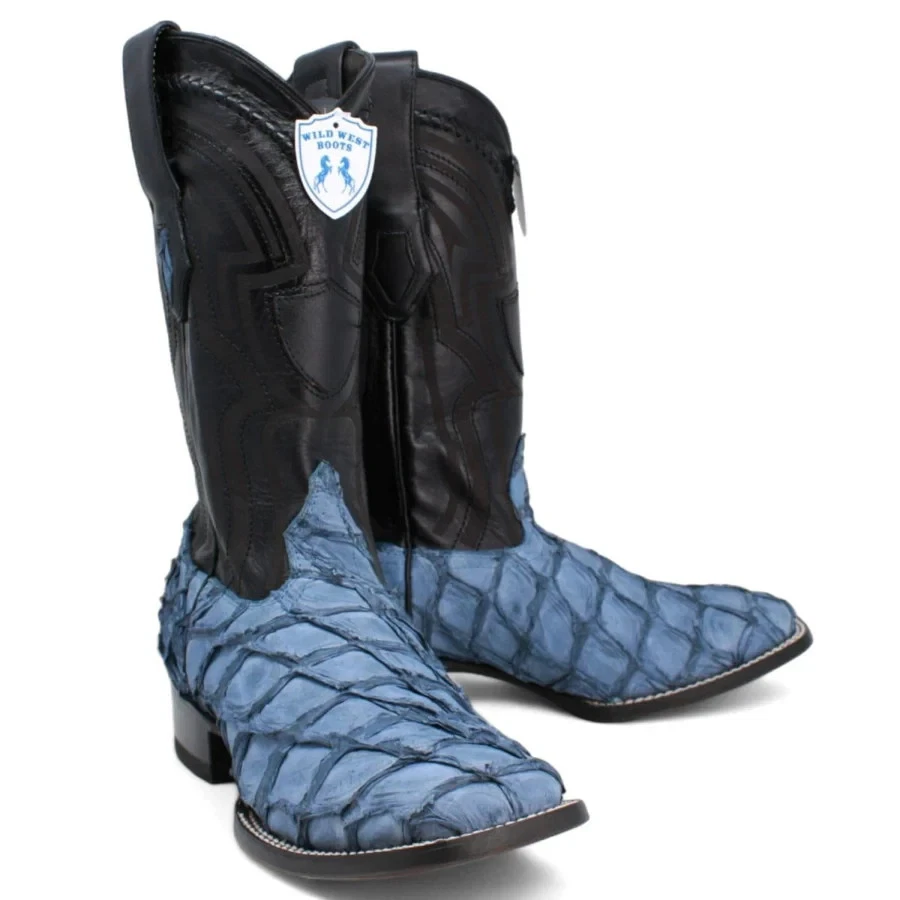 Genuine Exotic Pirarucu Monster Fish Skin Square Toe Western Cowboy Boots - Blue