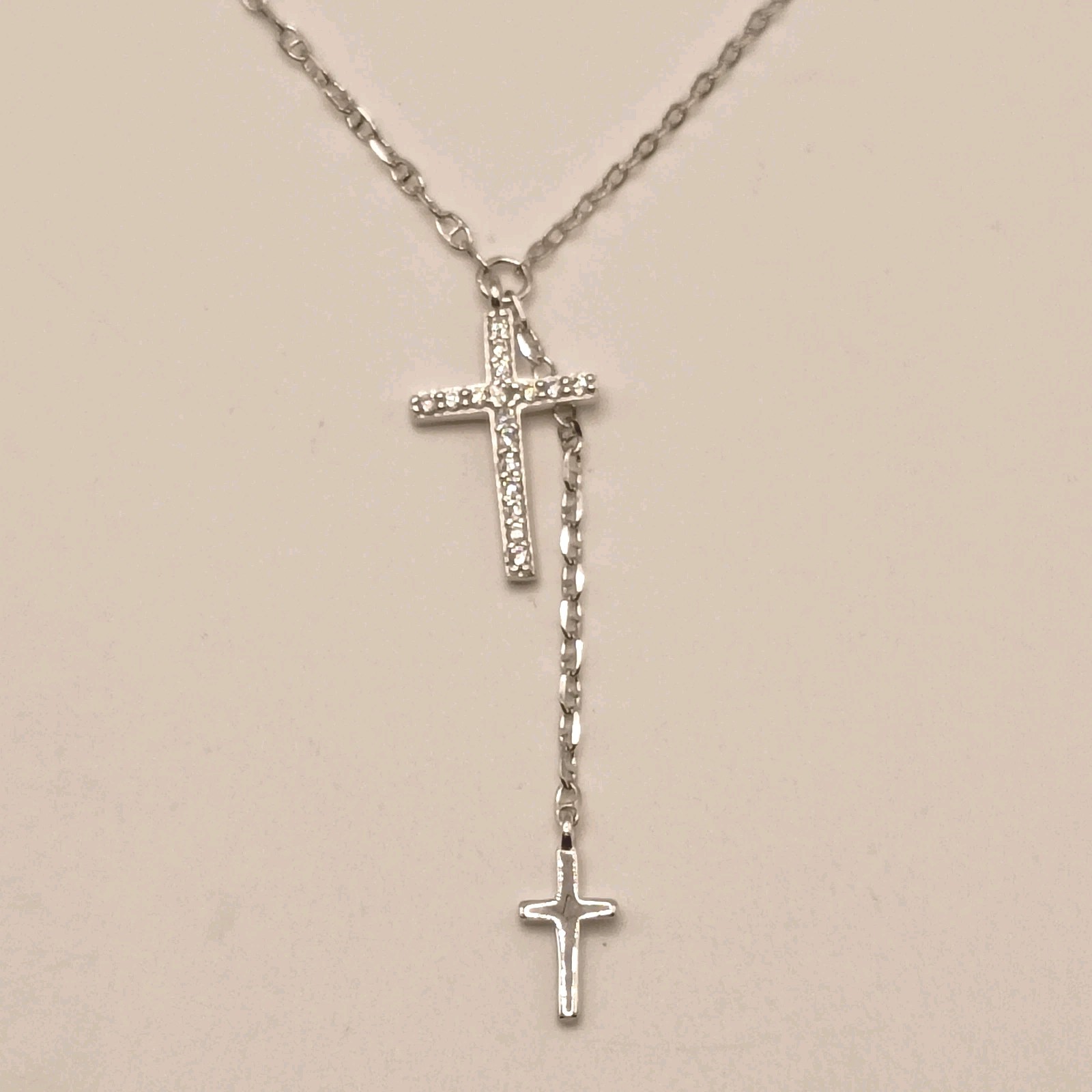 925 Sterling Silver Cross Pendant Necklace Dainty Pave CZ Y Lariat Drop 17