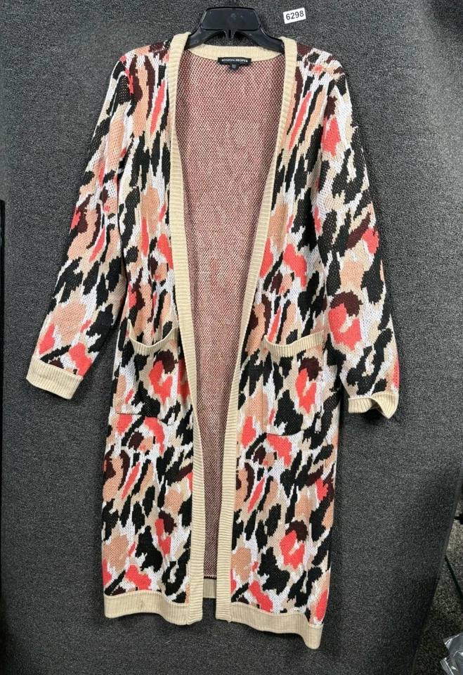 Boston Proper Sweater Womens Large Tan Animal Print Long Open Front Cardigan - Image 2 of 4