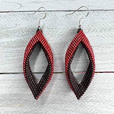 Red Brown Folded Leaf, Petal Seed Bead Earrings Handmade Elegant Jewelry