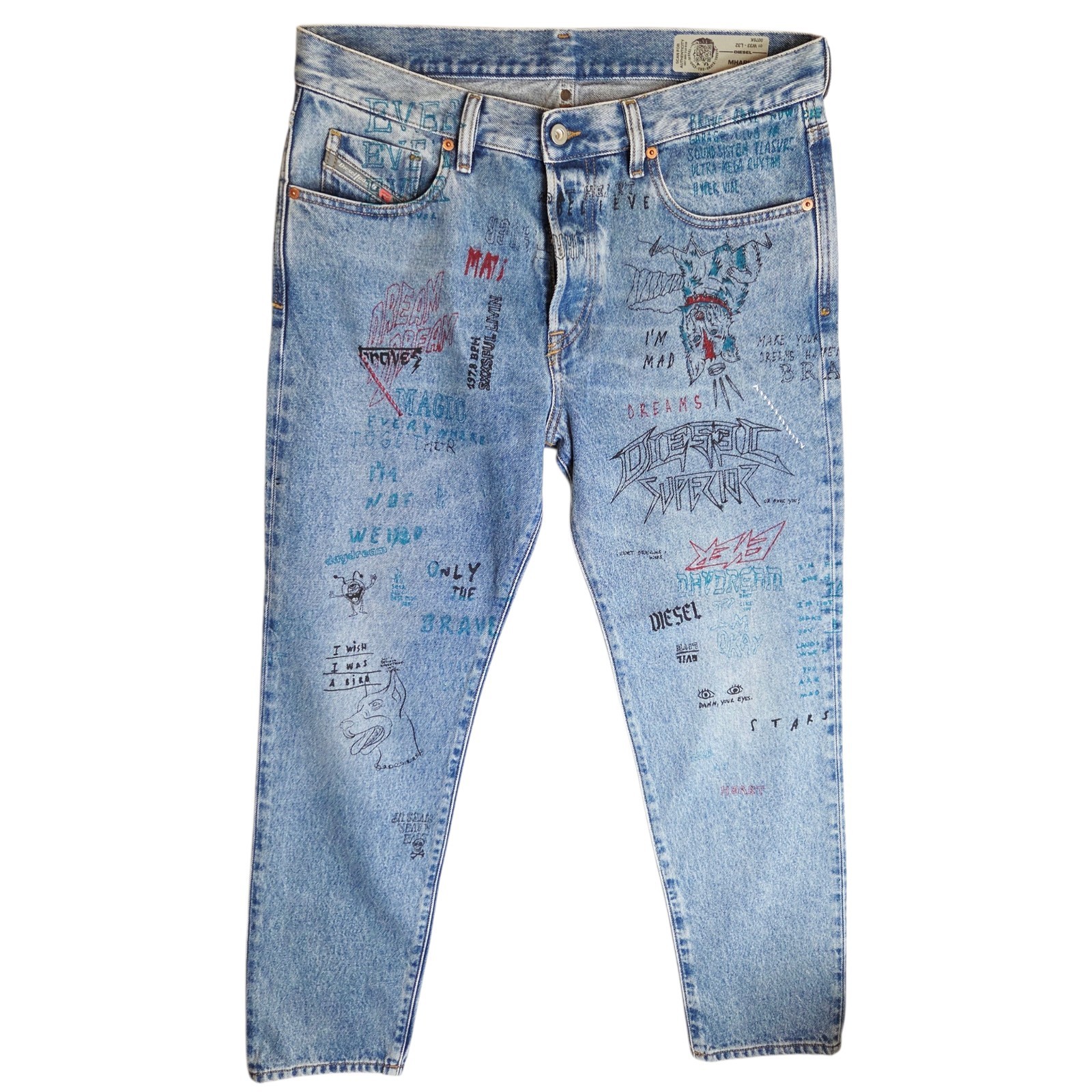 Diesel Mharky Selvedge Jeans Mens W33 L28 Blue Graffiti Doodle Denim 0076K Rare