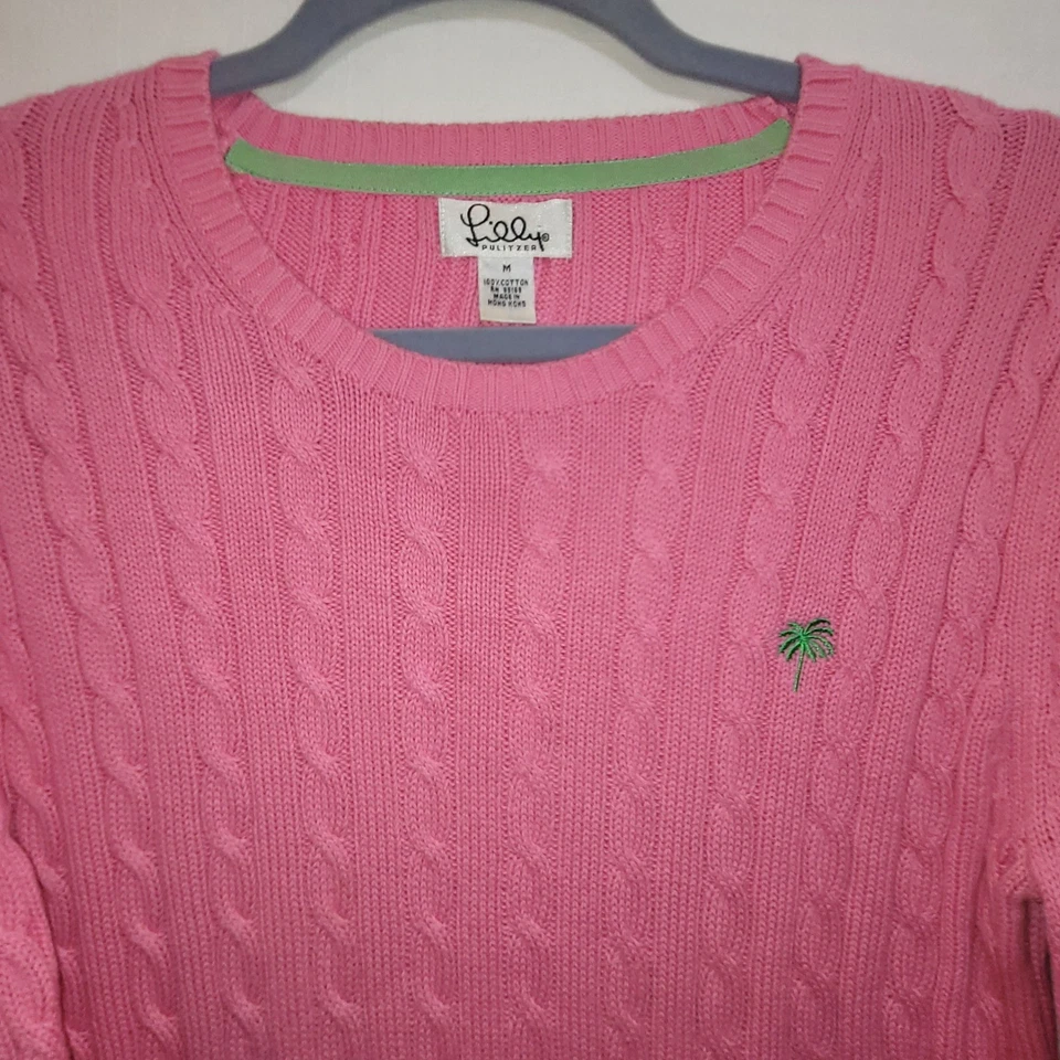 Suéter tejido con cable rosa Lilly Pulitzer mediano logotipo de palmera algodón cuello redondo Foto 4 de 4