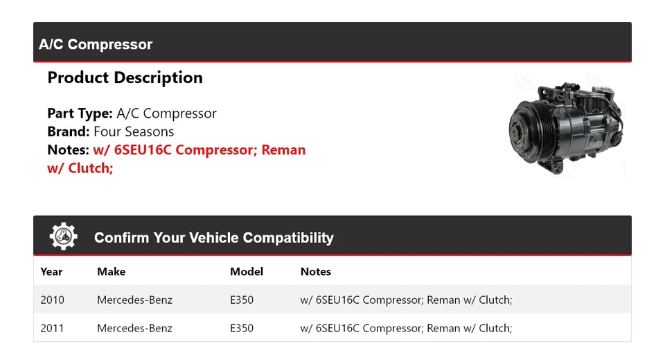 Compresor de aire acondicionado para Mercedes-Benz E350 2010-2011 4 estaciones Foto 2 de 4