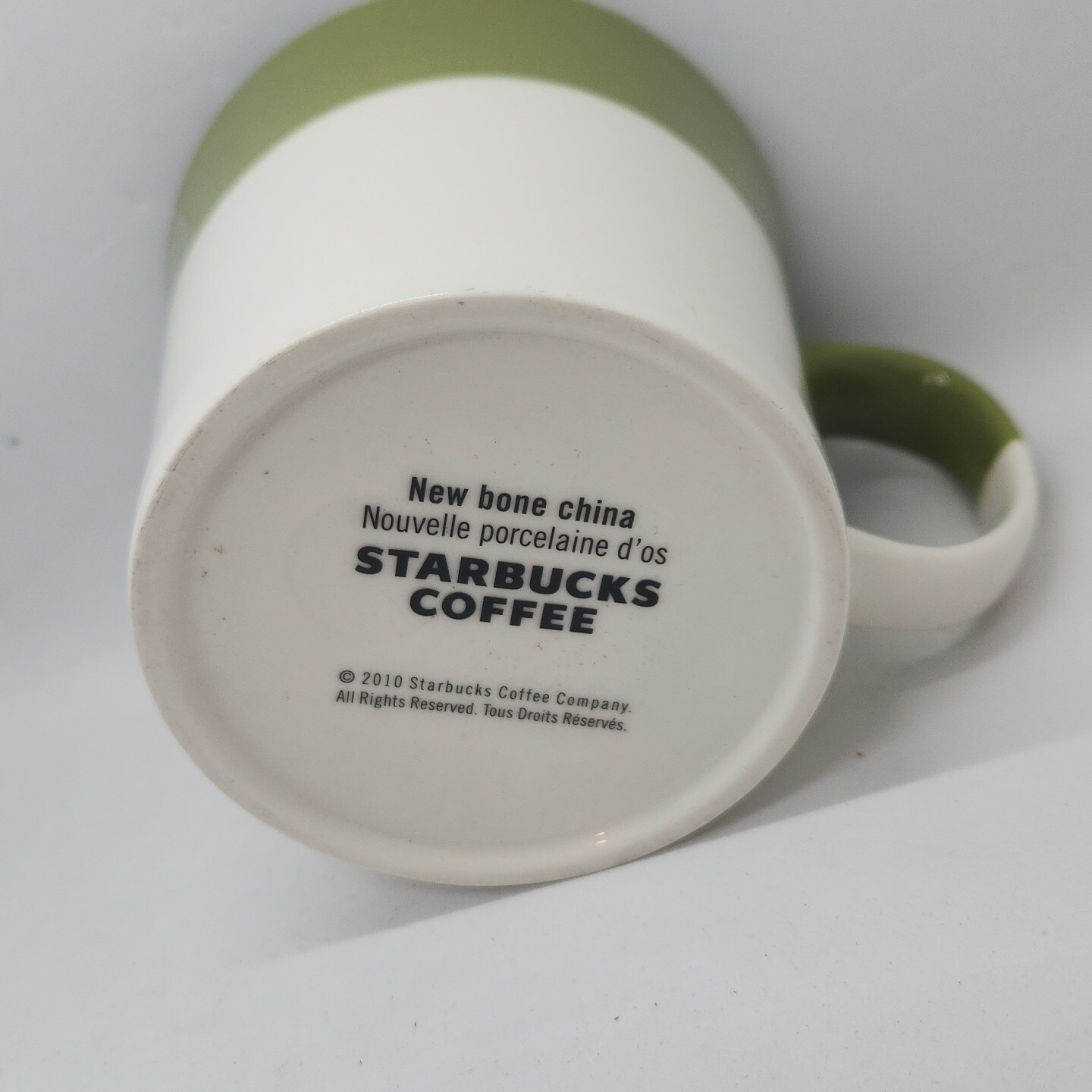 STARBUCKS, TAZO TEA "ZEN" COFFEE MUG, GREEN & WHITE, BONE CHINA, 2010  