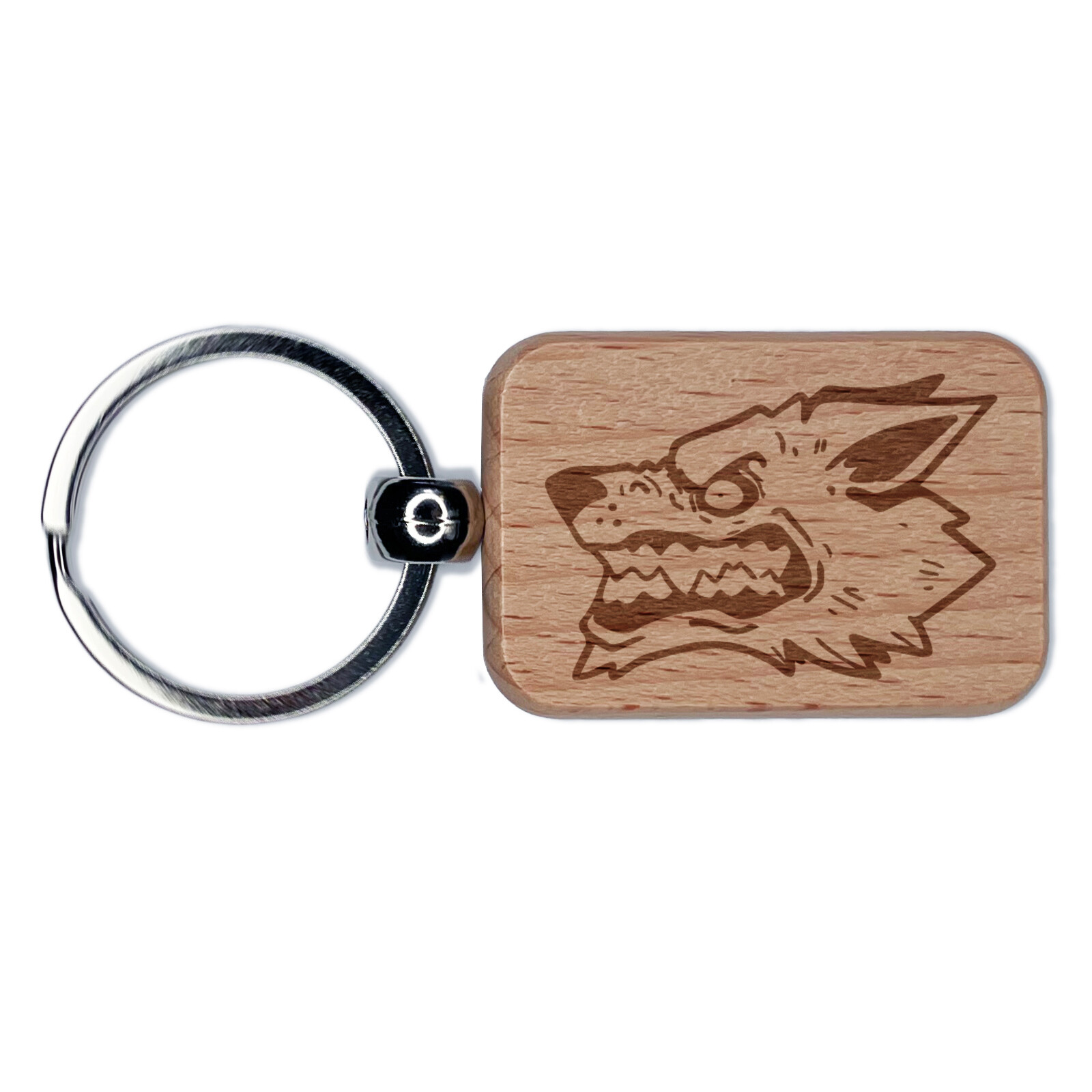 Snarling Angry Wolf Head Engraved Wood Rectangle Keychain Tag Charm