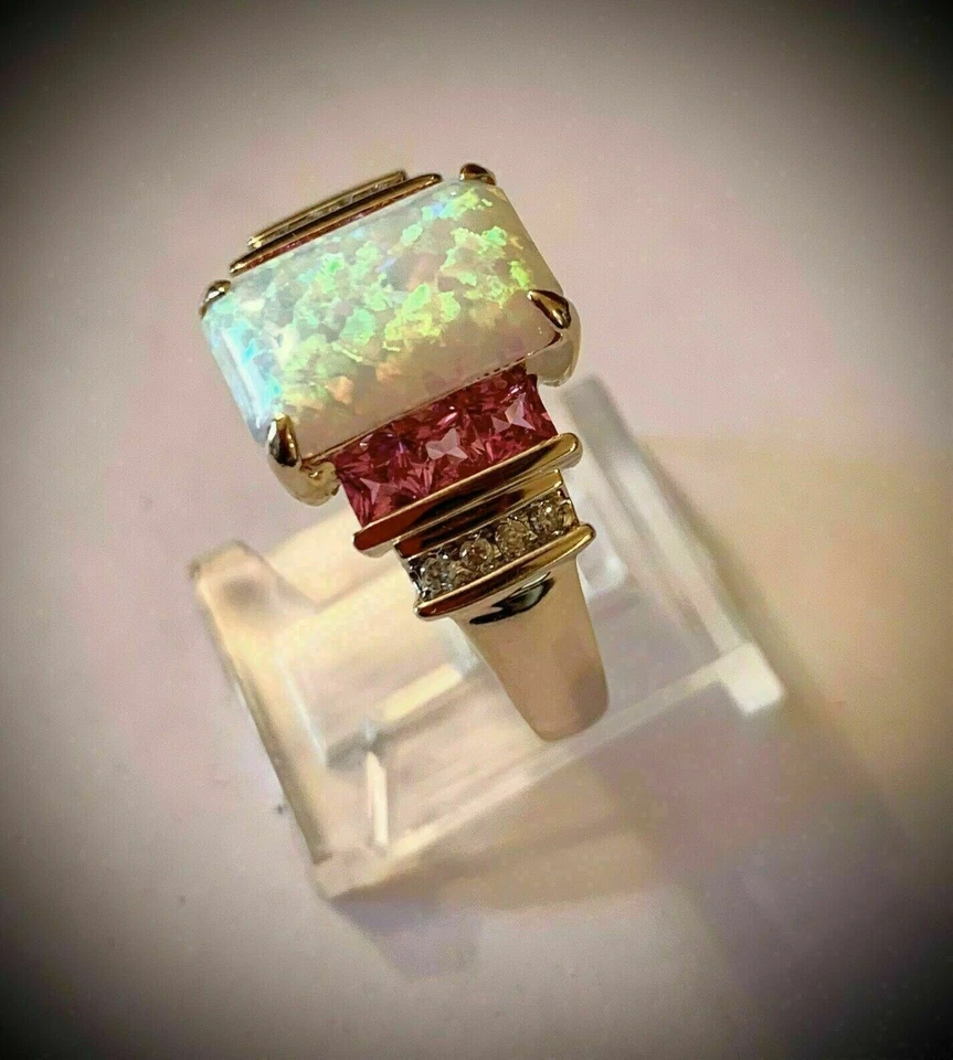 2Ct Emerald Lab Created Opal and Red Ruby Engagement Ring 14K Yellow Gold Plated - Image 4 of 4