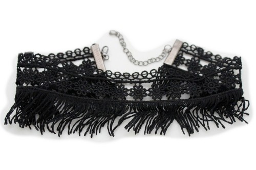 Sexy Women Black Fringes Tassel Fabric Fashion Jewelry Choker Necklace Wide Band - Picture 10 of 10