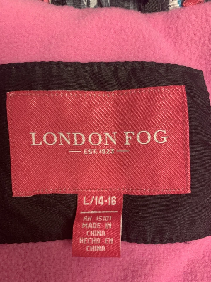 Abrigo London Niebla Niñas L 14-16 Capucha Puffer Negro Rosa Borde Forrado Bolsillos a Presión Foto 3 de 4