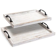 Rustic Serving Tray with Handles - 2 Nesting Trays for Serving Food - Wooden ...