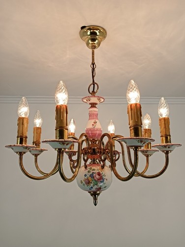 Romantic Italian Chandelier pink porcelain flower pattern Brass 8 lights arm vi - Picture 2 of 12
