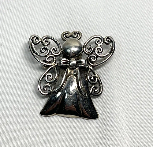 Vintage 925 Sterling Silver  Heart Halo Wing Angel Pendent Brooch Pin