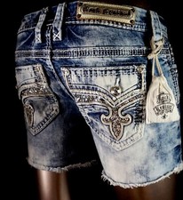 180 Buckle Rock Revival Jeans "Leni" Swarovski Sequins Leather Easy Shorts 27