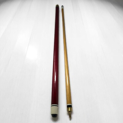 Vintage Pool Cue Two-Piece Burgundy Natural Wood Shafts Brass Joint Fittings
